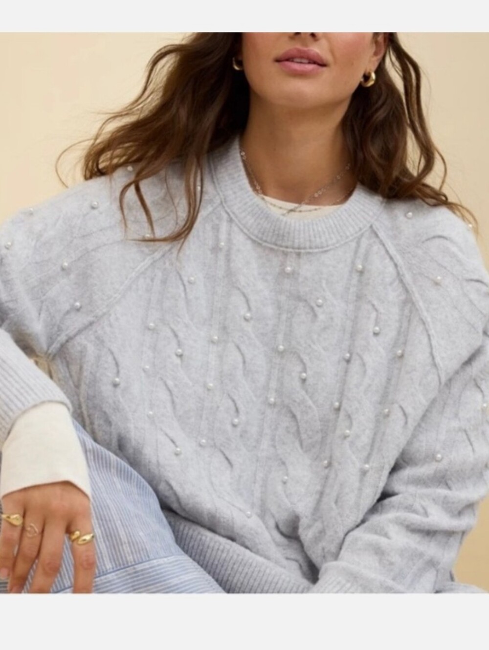 Aerie Unreal Cable Pearl Crew Sweater Medium Gray Long Sleeve Pullover